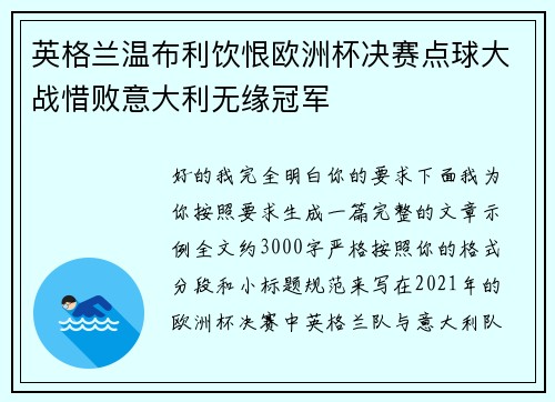 英格兰温布利饮恨欧洲杯决赛点球大战惜败意大利无缘冠军