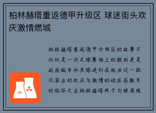 柏林赫塔重返德甲升级区 球迷街头欢庆激情燃城